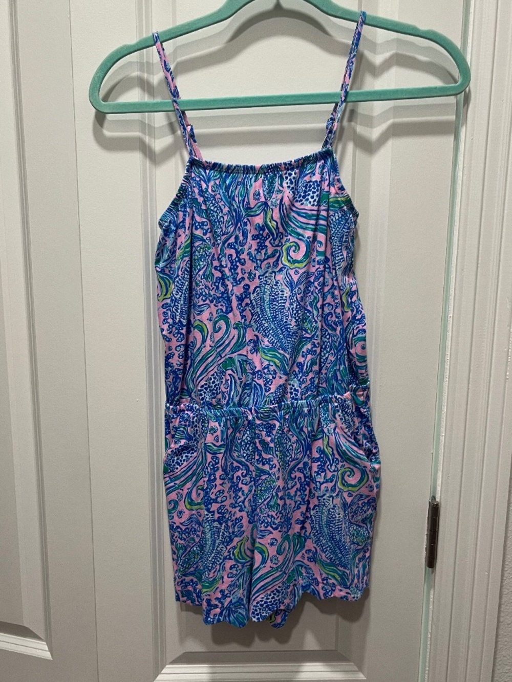 Lilly Pulitzer Girls Romper Pink Blue Print Sleeveless Pockets XL 10 12 Summer